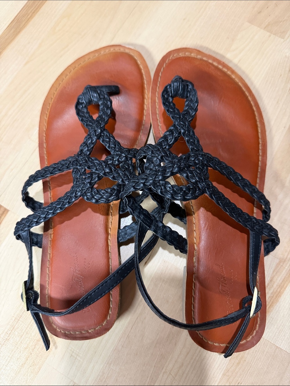 Universal Thread Black Braided Leather Sandals with Tan Footbed